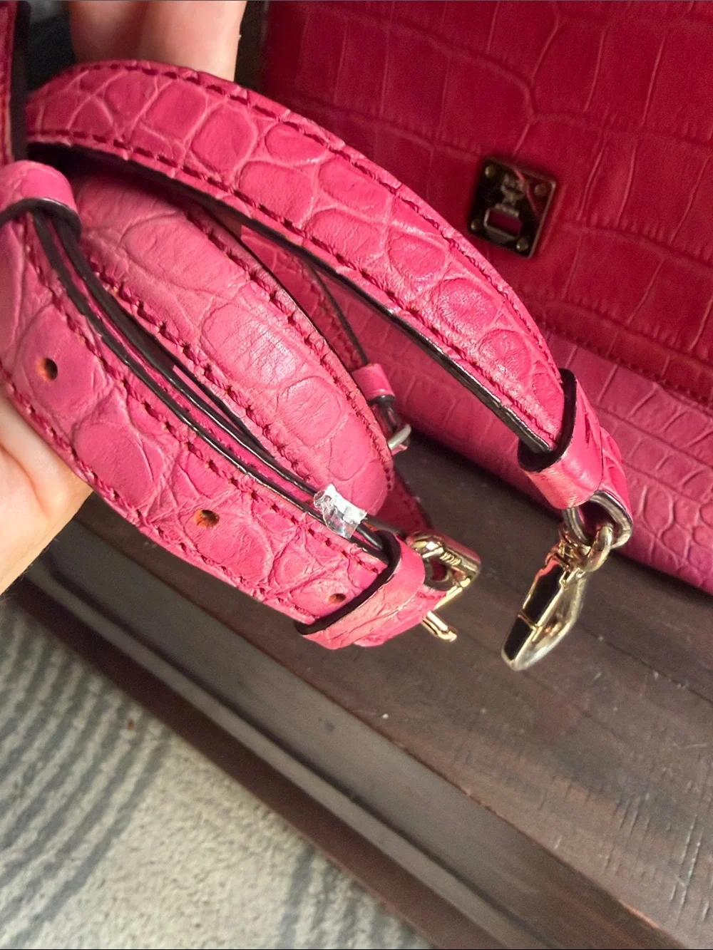 MCM Pink Croc-Embossed Top Handle Satchel with Gold Hardware